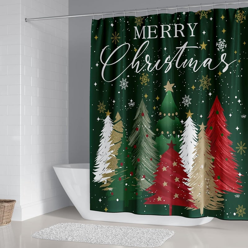 Apear1 4Pcs Merry Christmas Shower Curtain Set Xmas Tree Snowflake Shower Curtain for Christmas Bathroom Decor with Anti-Slip Waterproof Bathtub Bathroom Rugs Toilet Lid (Green) - Image 3